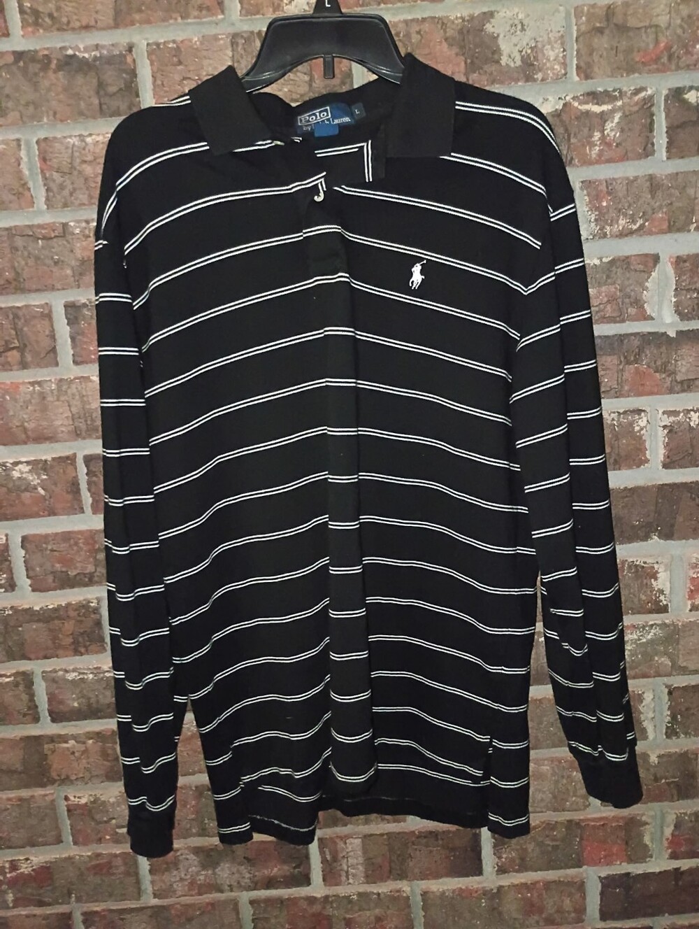 Vintage Polo Ralph Lauren Striped Polo Long Sleeve Shirt Men's Large Black 90's